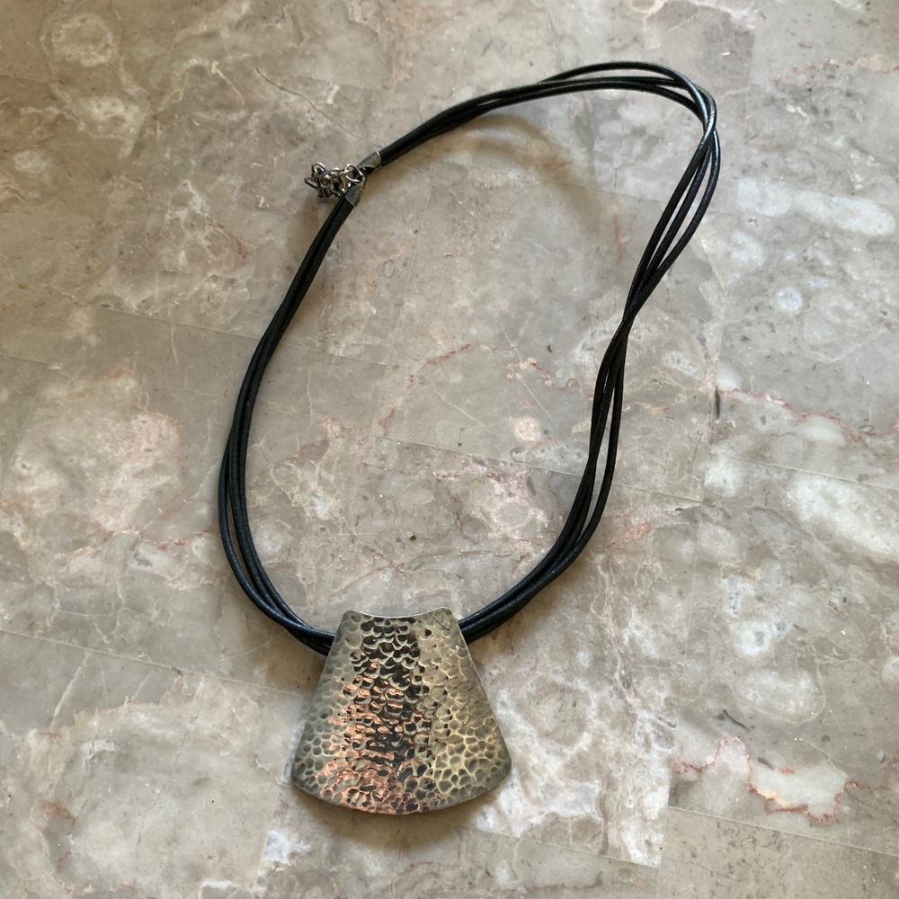 Sterling Silver 925 Hammered Pendant Triple Strand Leather‎ Cord Necklace